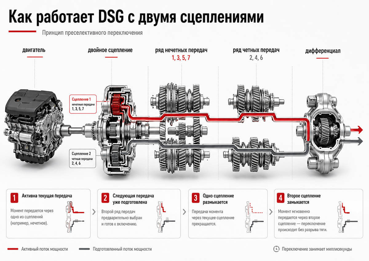 Как работает DSG с двумя сцеплениями